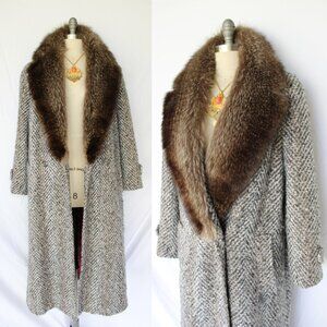 Bill Blass Herringbone wool boucle Full Length fox fur Overcoat dress coat xL